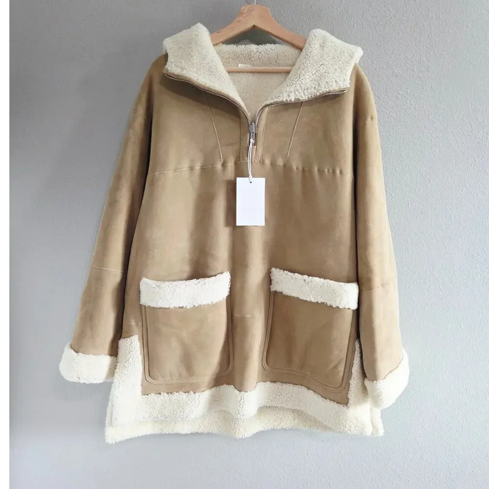 Filippa K Veda Suede Shearling Hooded Anorak Coat XS S